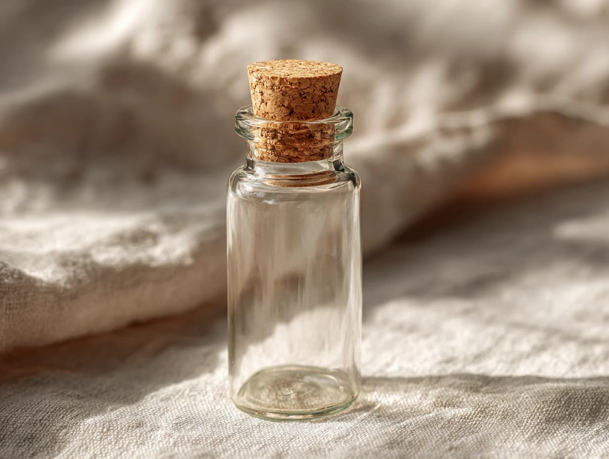 A small clear glass bottle with a cork stopper, resting on linen.