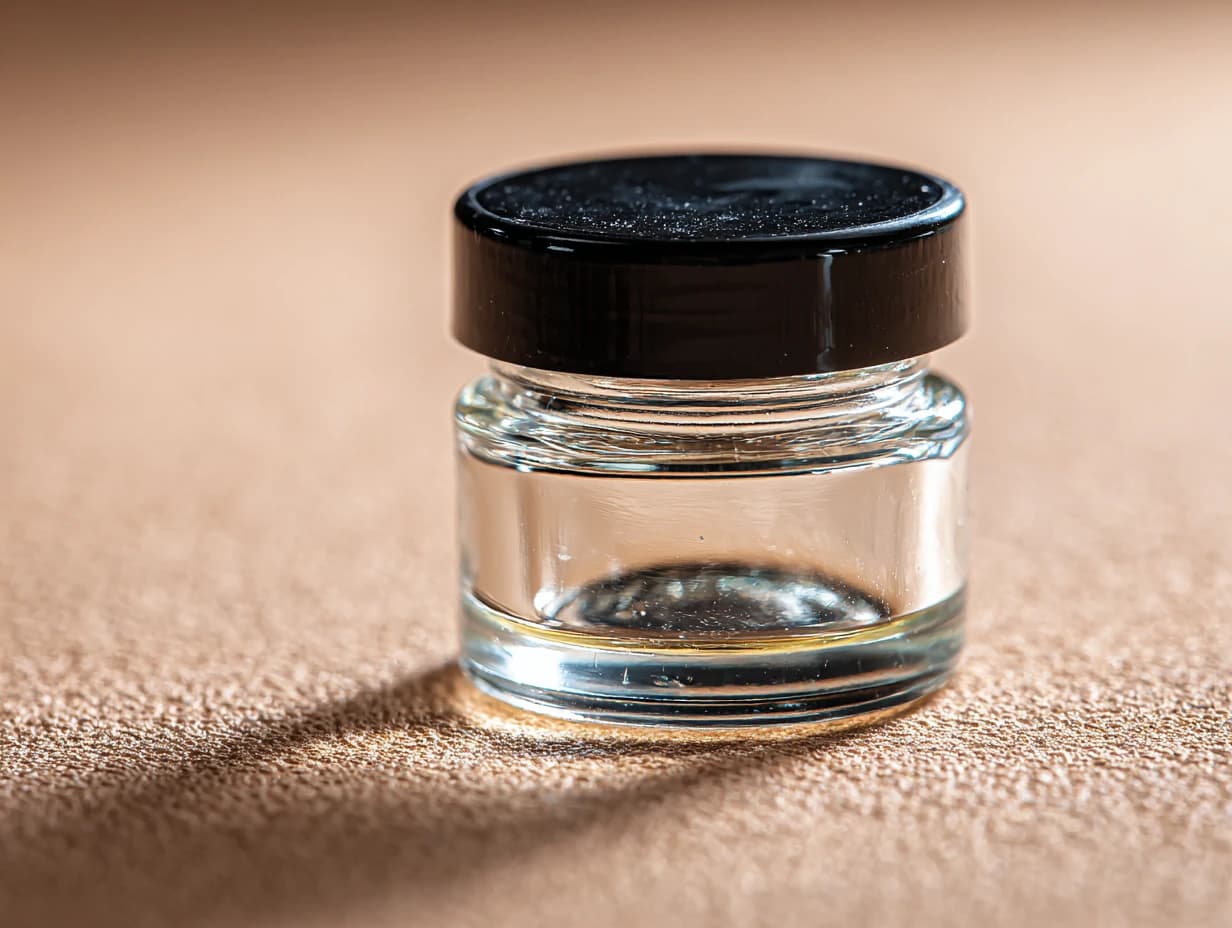 A small clear glass concentrate jar with a black lid.