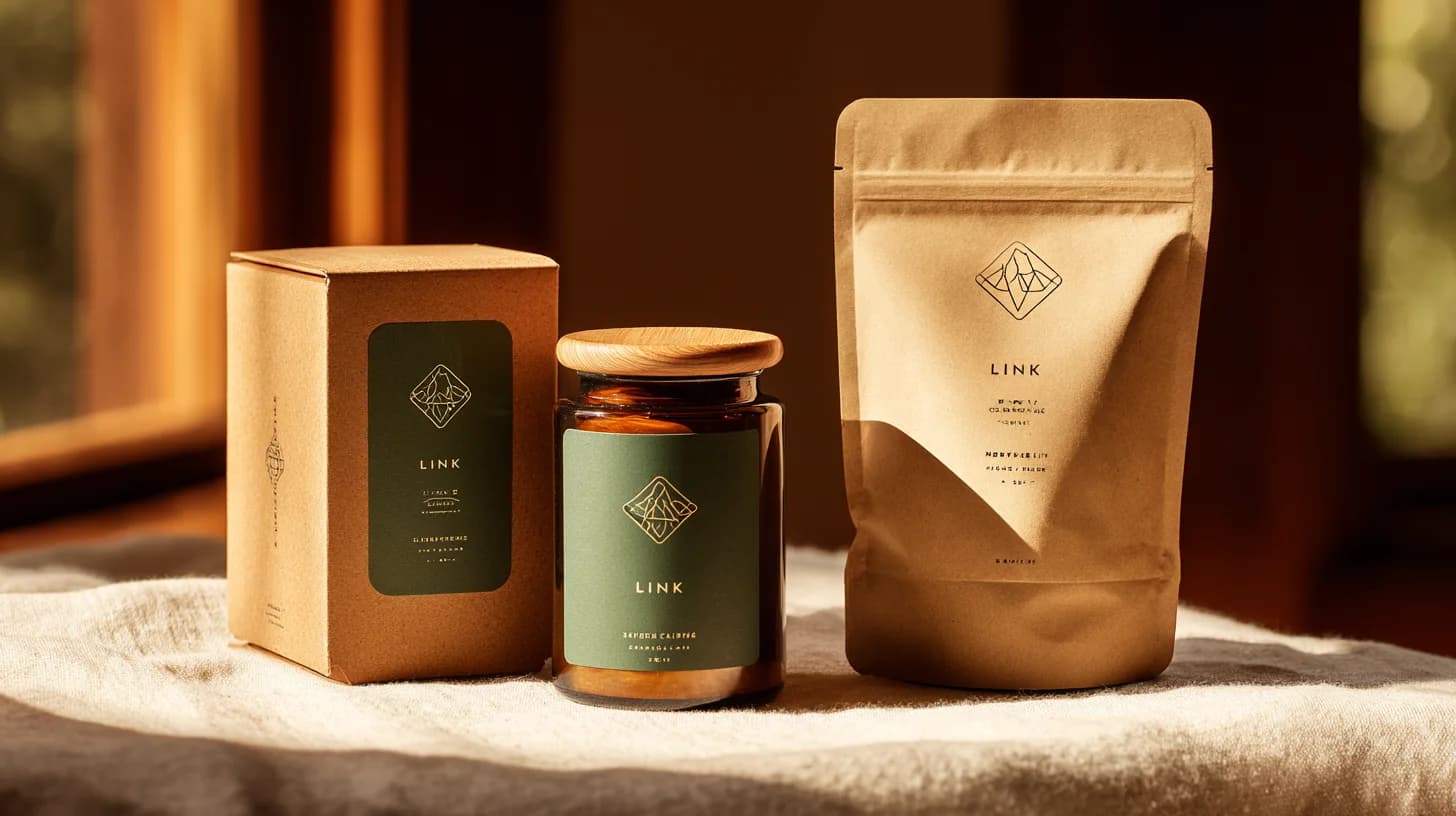 A LINK-branded carton, jar and pouch grouped together in warm light.