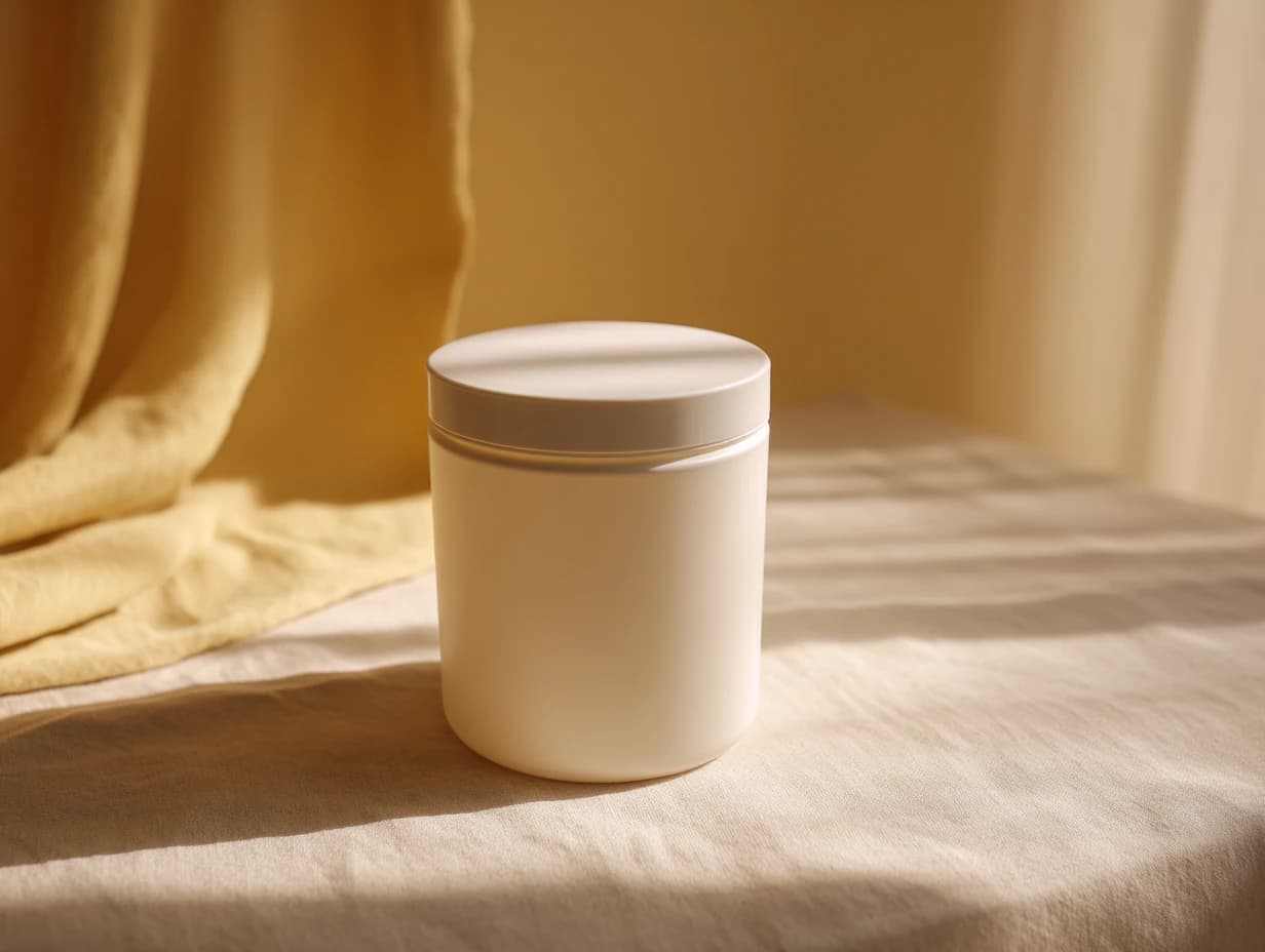 A cream rigid jar with a matching screw lid.