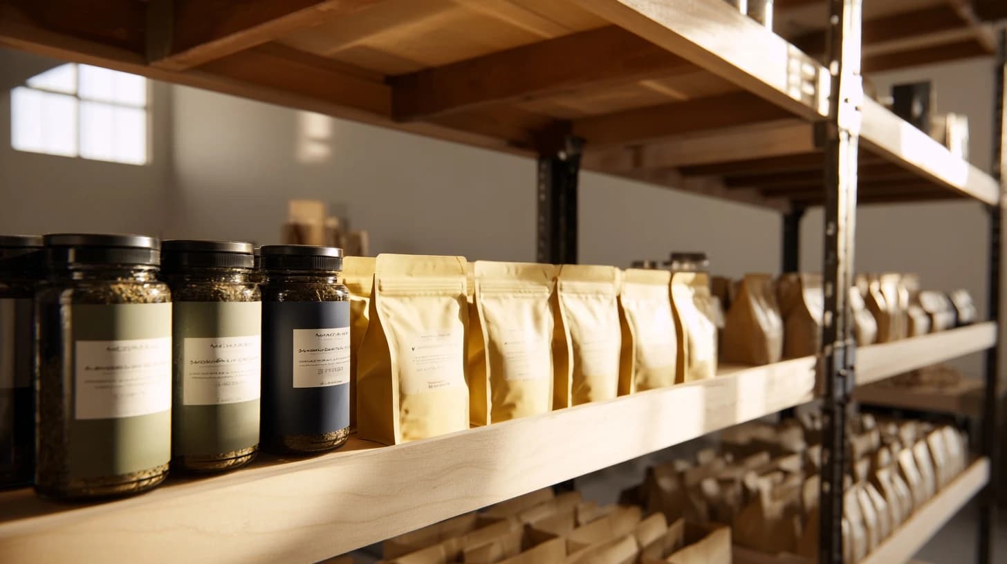 Finished packaging held on warehouse shelving.