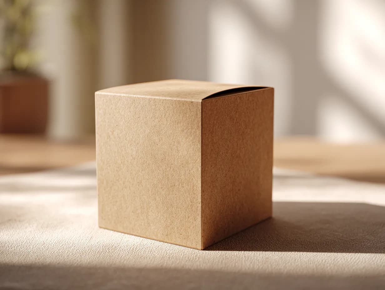 A closed kraft cube carton on a warm surface.