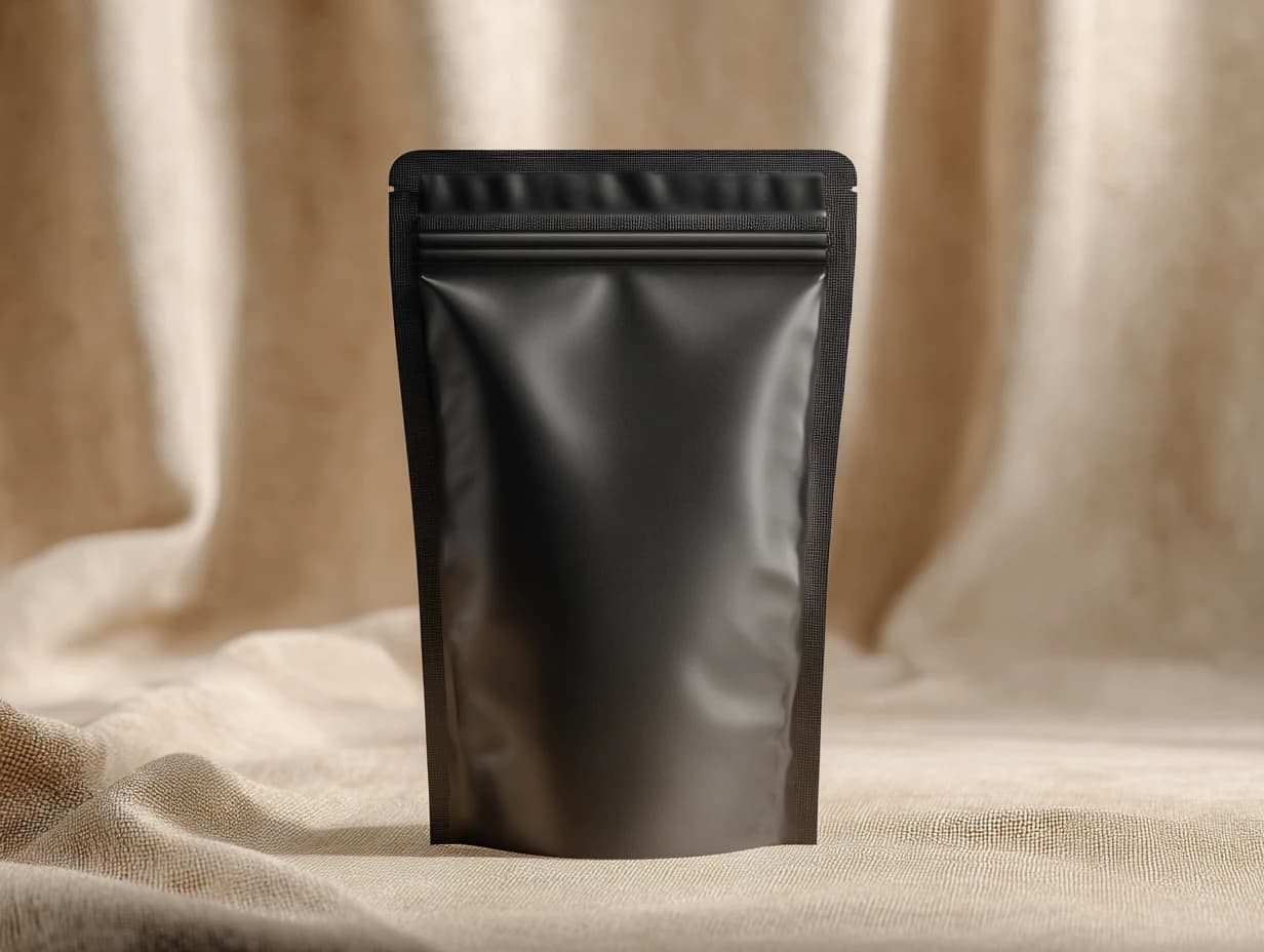 A black stand-up pouch with a child-resistant zip closure.