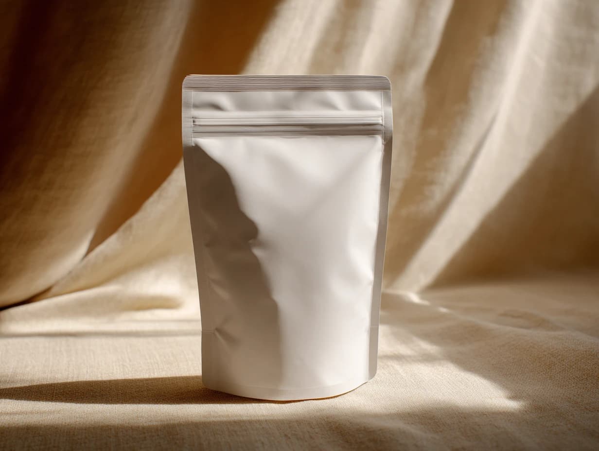 A flat white pouch with a sealed top edge.
