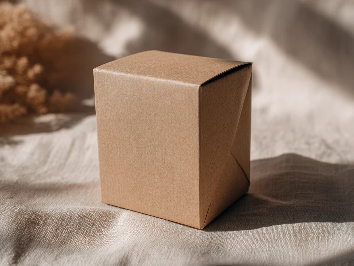 A kraft folding carton photographed at an angle.