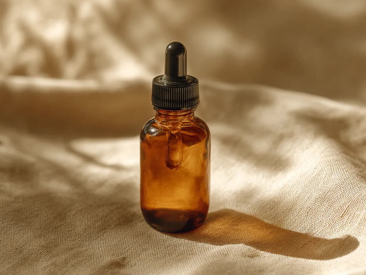 An amber glass bottle with a black dropper cap, resting on linen.