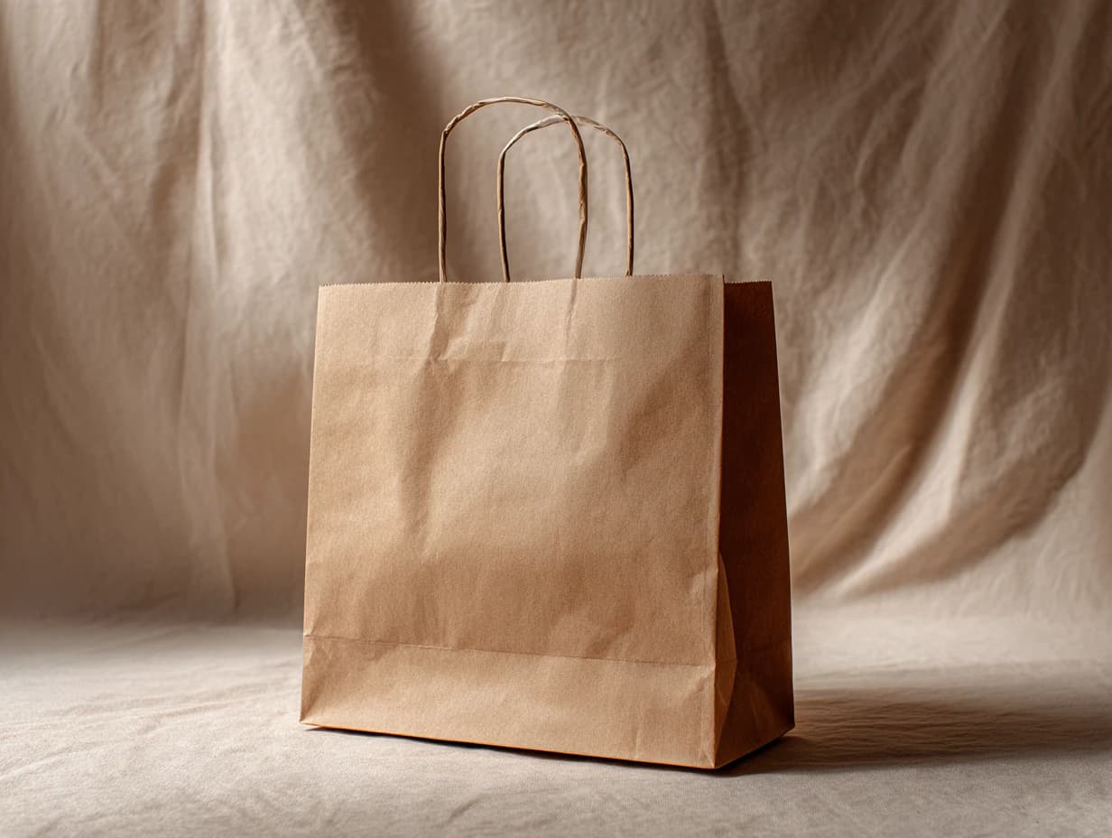 A kraft carry bag with twisted paper handles, against draped linen.