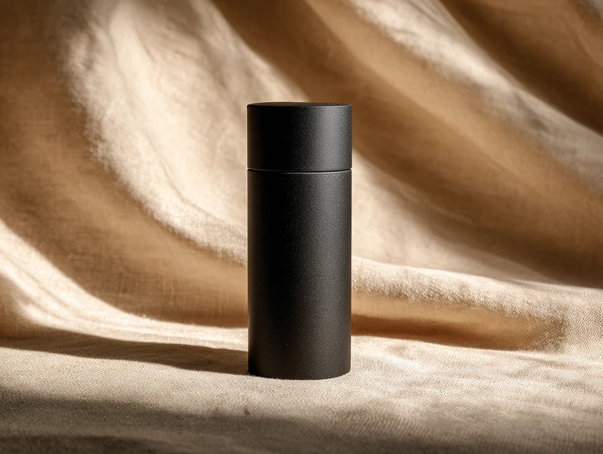 A matte black cylindrical tube standing upright.