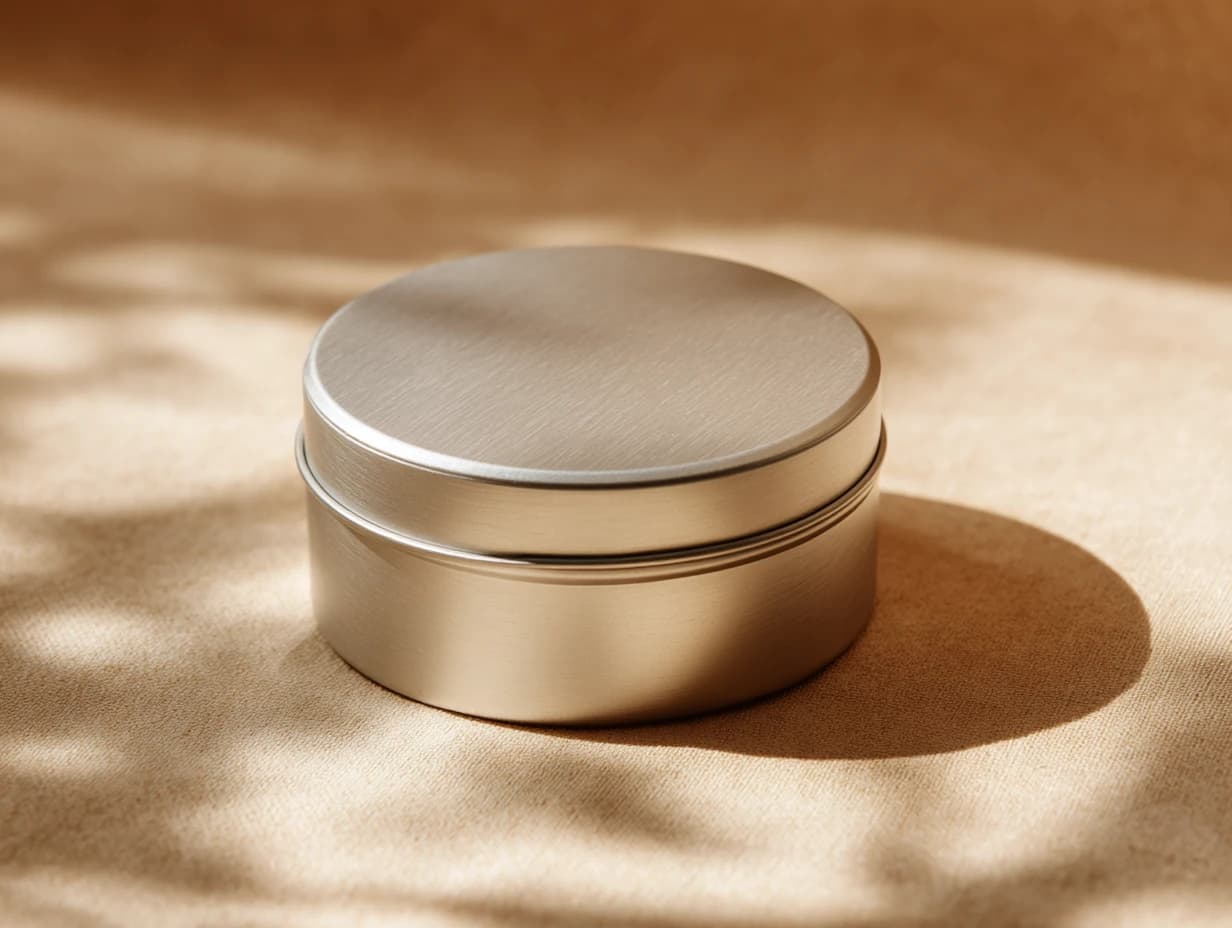 A round silver tin with a seated lid.