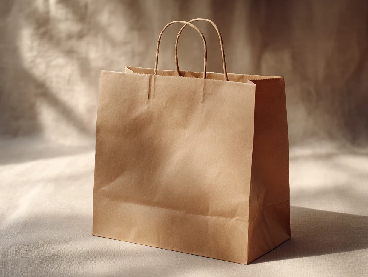 A kraft carry bag with twisted paper handles, standing in daylight.