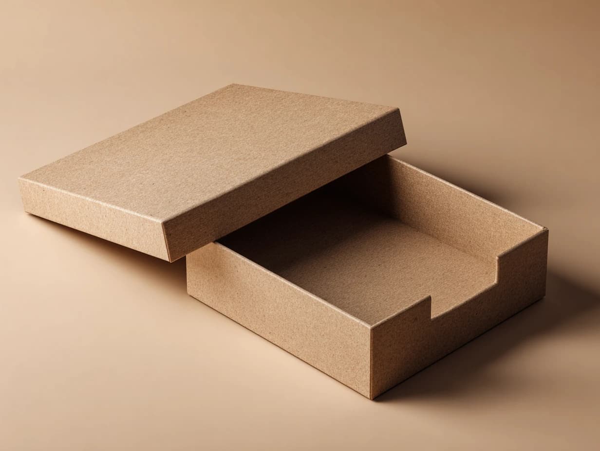 An open kraft tray with its sliding outer lid beside it.