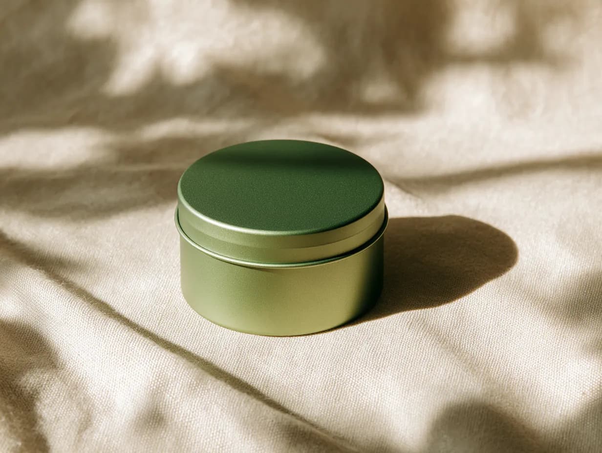 A shallow green tin with a seated lid.