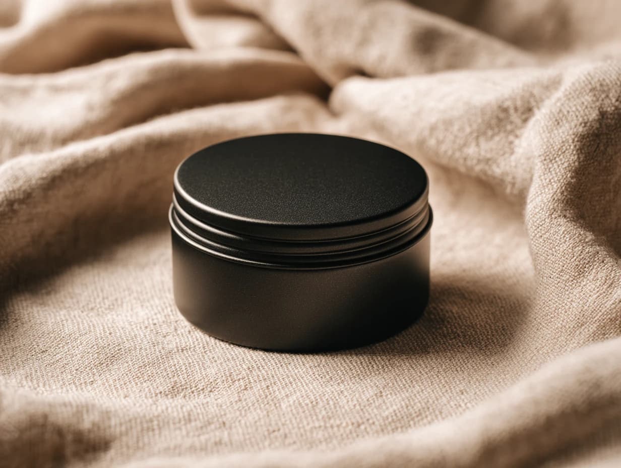 A shallow black screw-lid tin resting on linen.