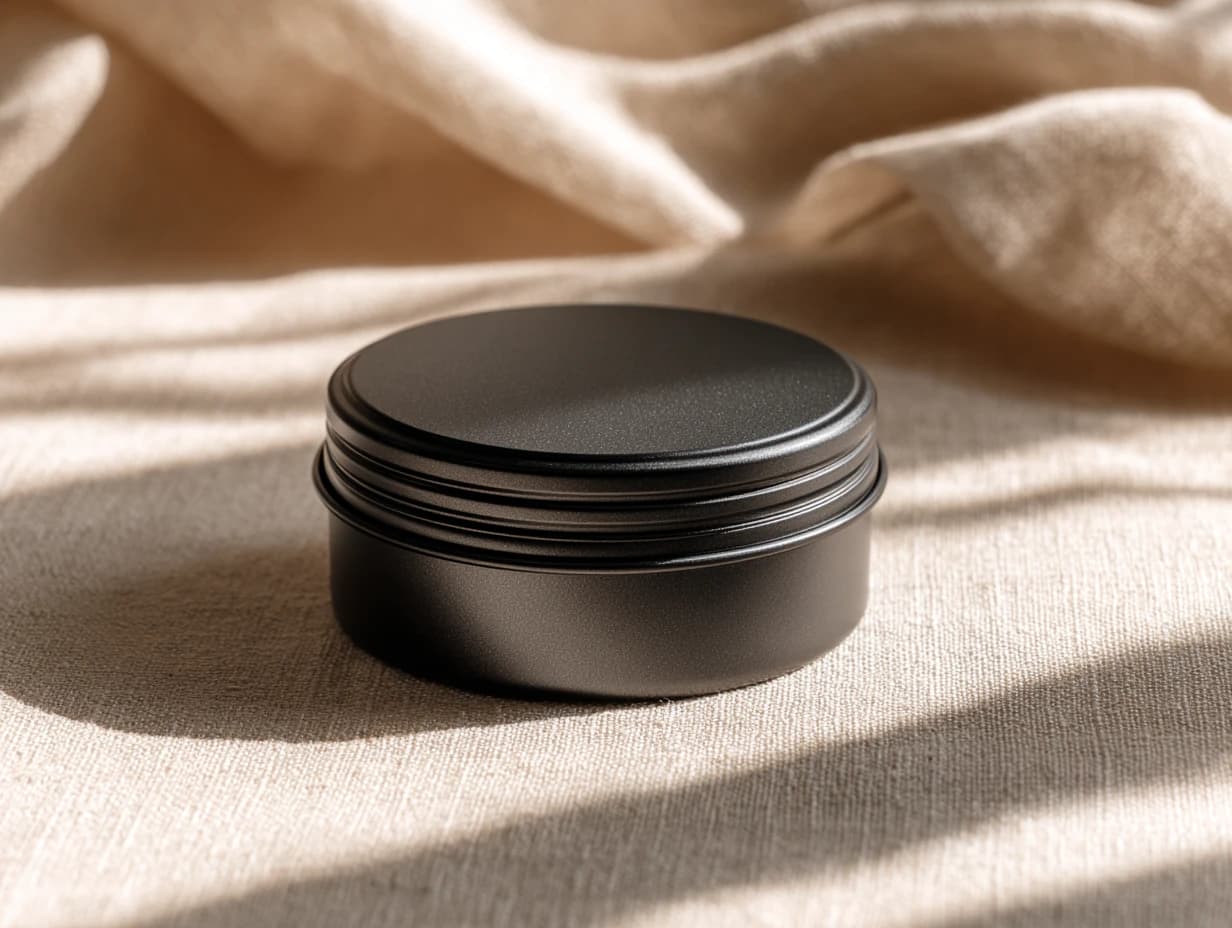 A shallow black tin with a ribbed screw lid.