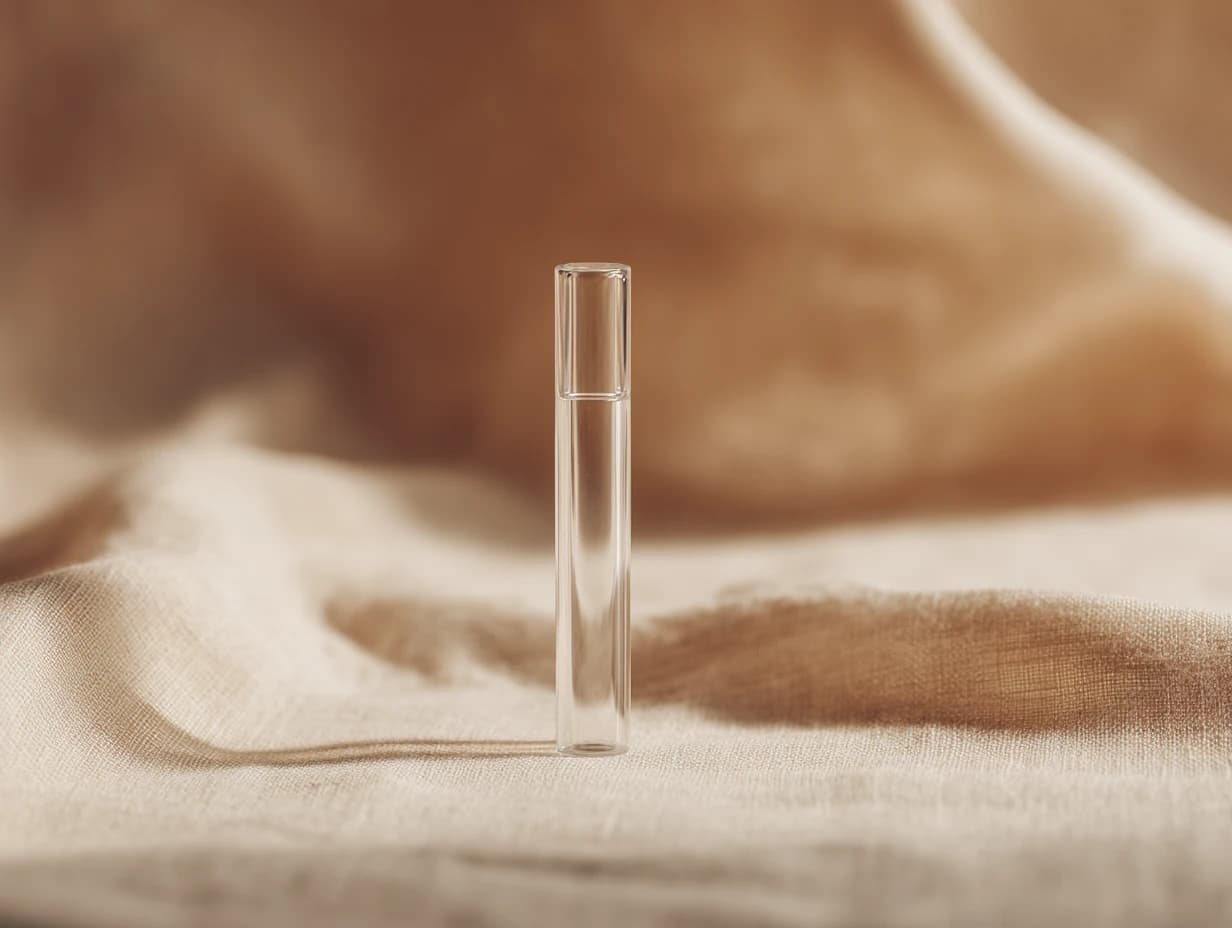A clear slim glass tube lying on linen.
