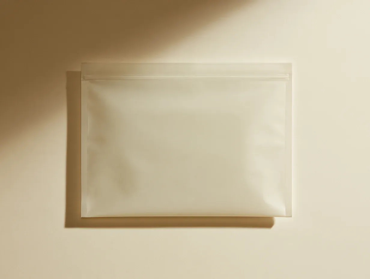 A flat frosted-white pouch, wider than it is tall, with a zipper track running the full width of its top edge.