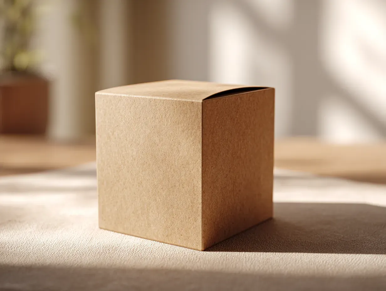 A closed kraft cube carton on a warm surface.