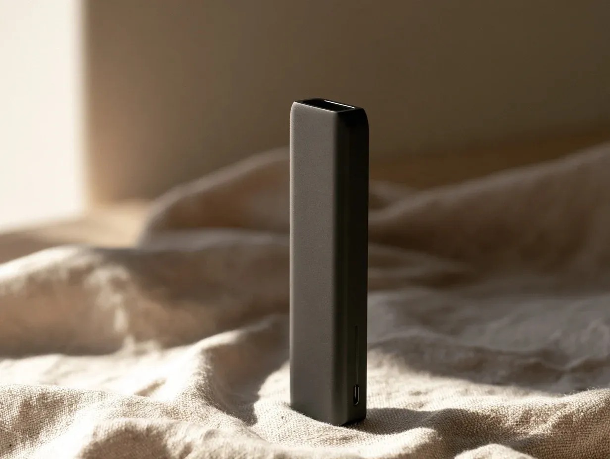 A slim rectangular all-in-one vape device standing upright, with an integrated mouthpiece and a charging port at its base.
