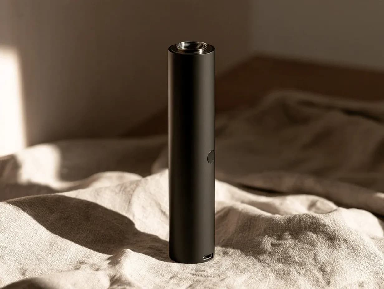 A matte black cylindrical vape battery standing upright, with an open threaded connector at the top, a button on the side and a charging port at its base.
