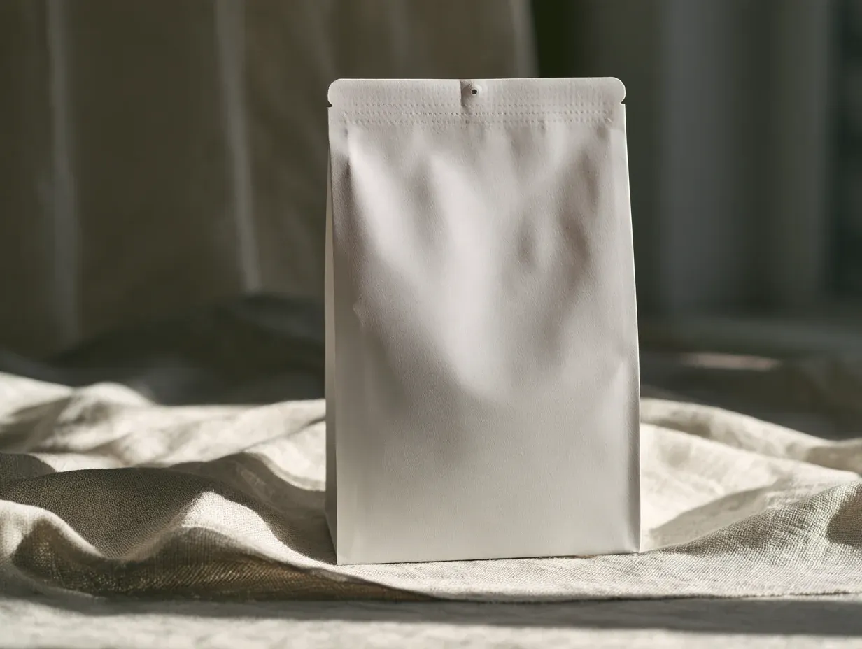 A flat-bottom white pouch with die-cut shoulders, a hang hole and a press-seal top.