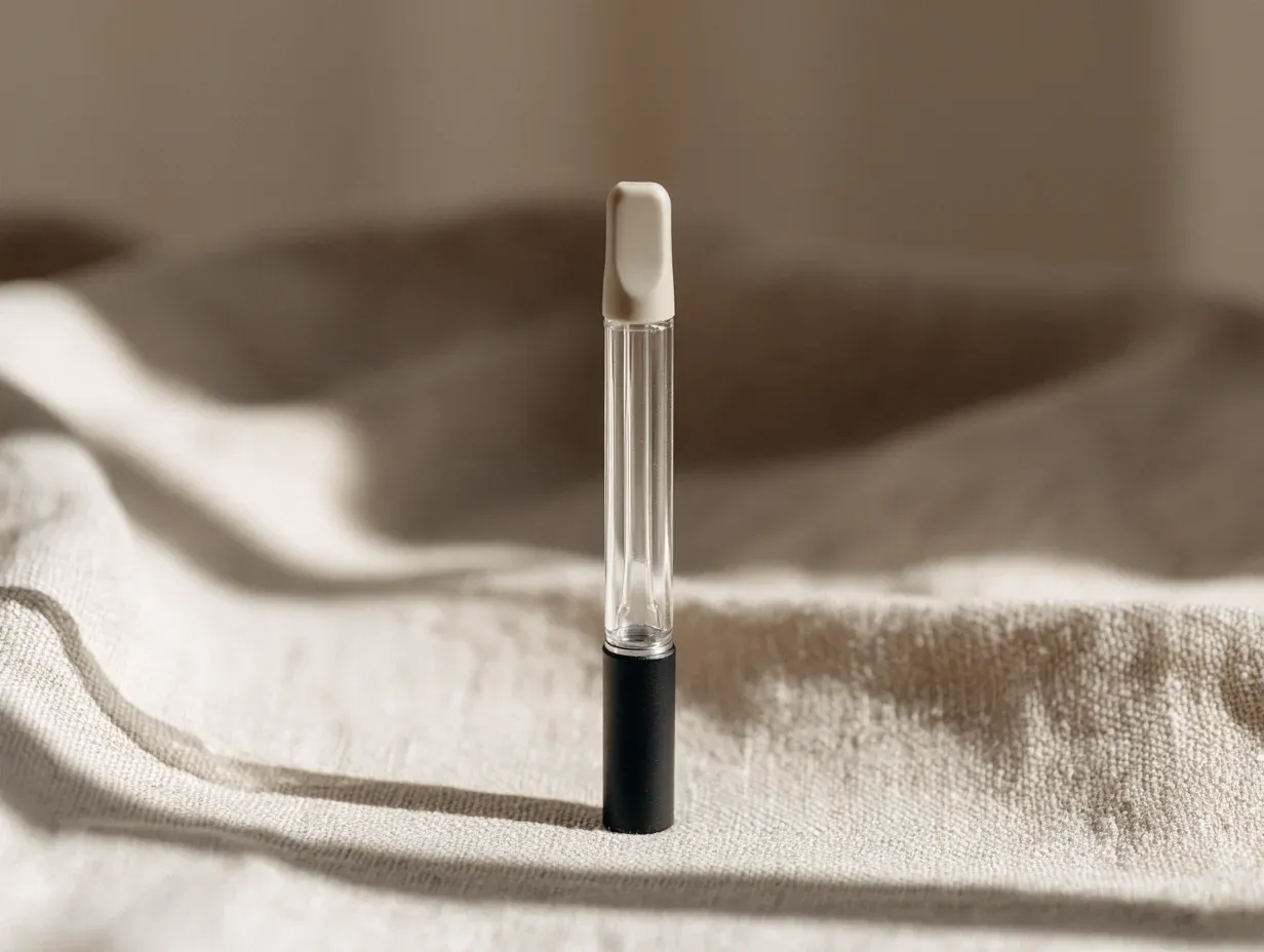 A slim vape cartridge standing upright, with a clear empty glass tank, a pale ceramic mouthpiece and a matte black base.