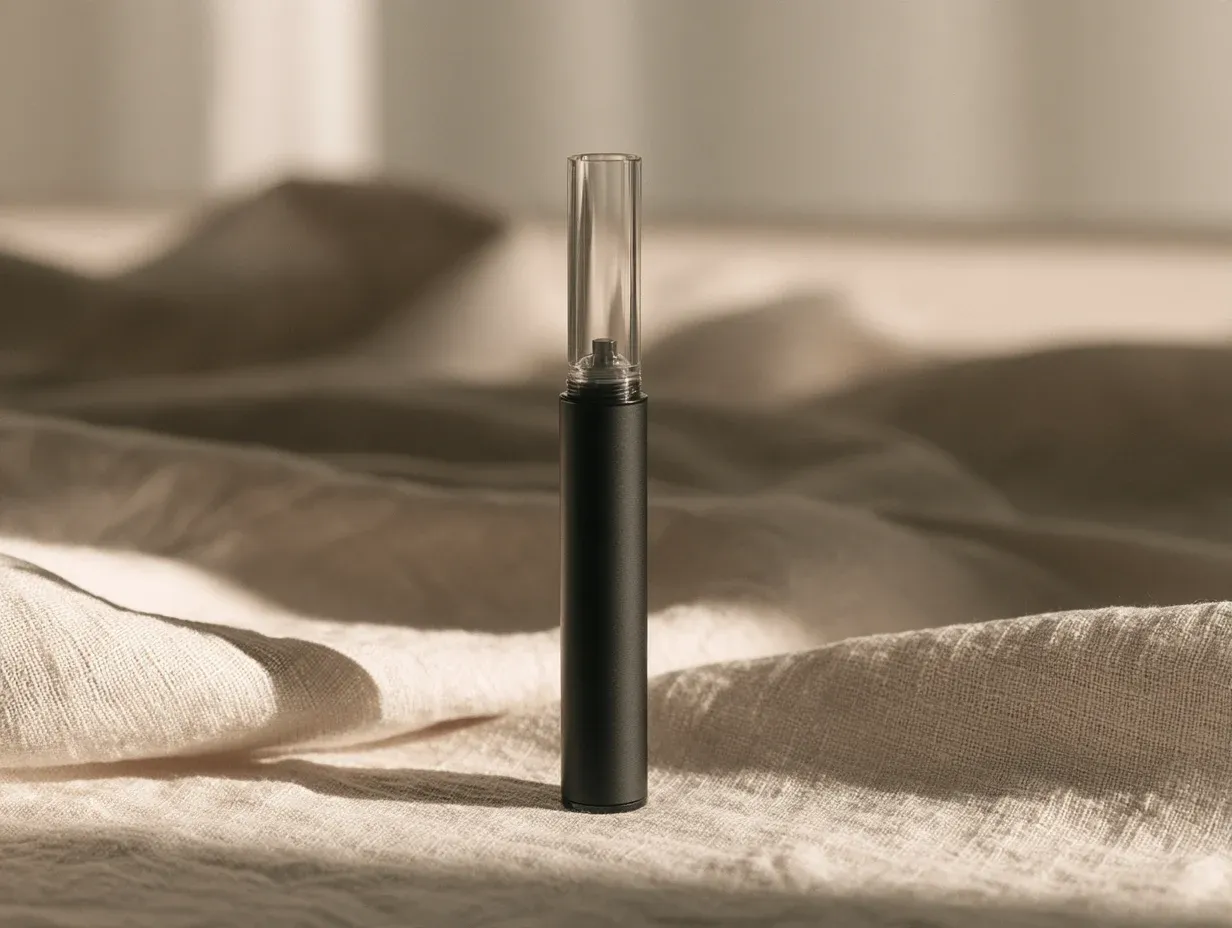 An empty vape cartridge with a clear glass tank, fitted onto a matte black cylindrical battery and standing upright.