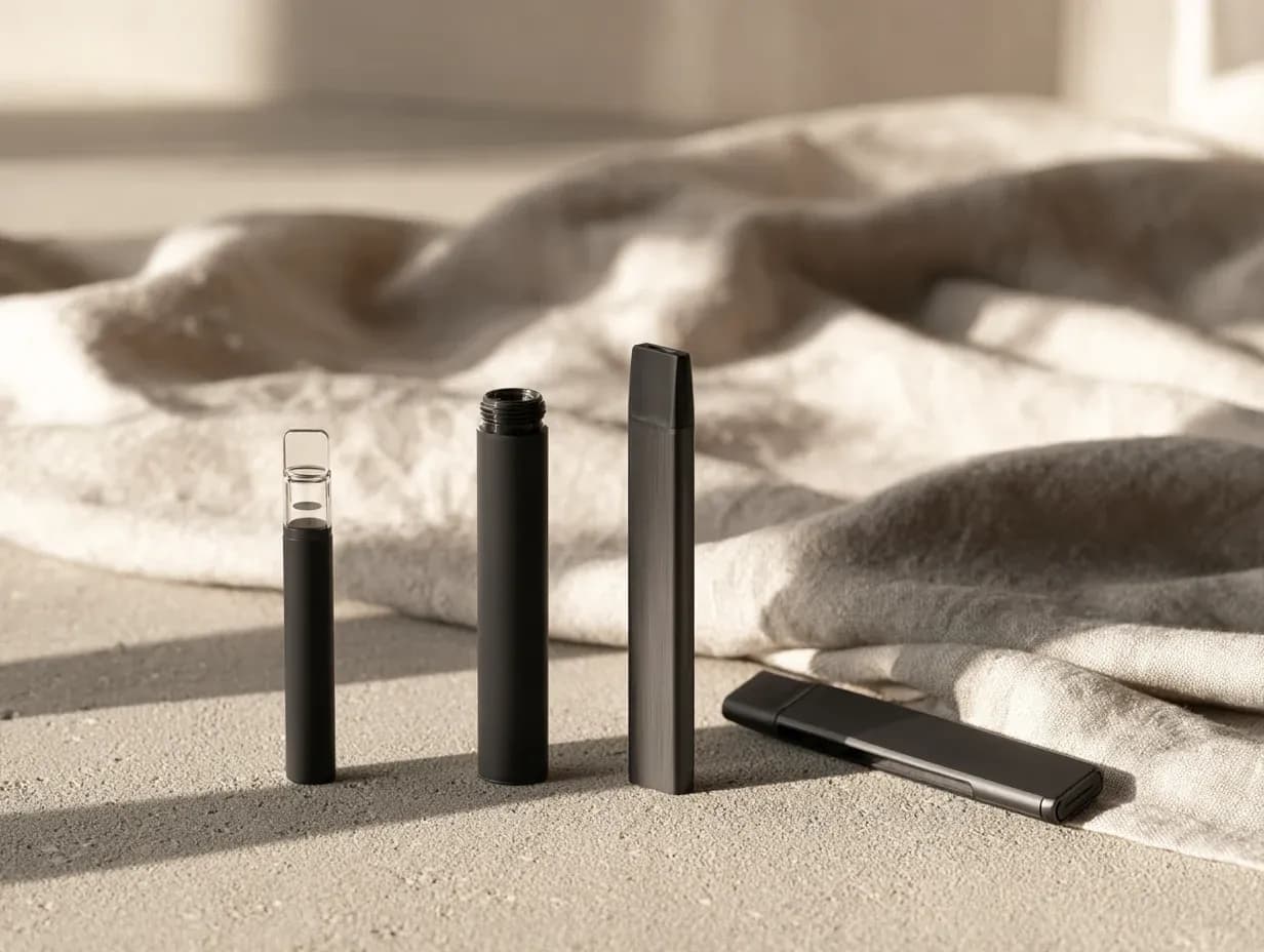 Four matte black vape components on a pale surface: a short cylinder topped by a clear empty tank, a taller cylinder with an open threaded mouth, and two slim flat units, one upright and one lying down.