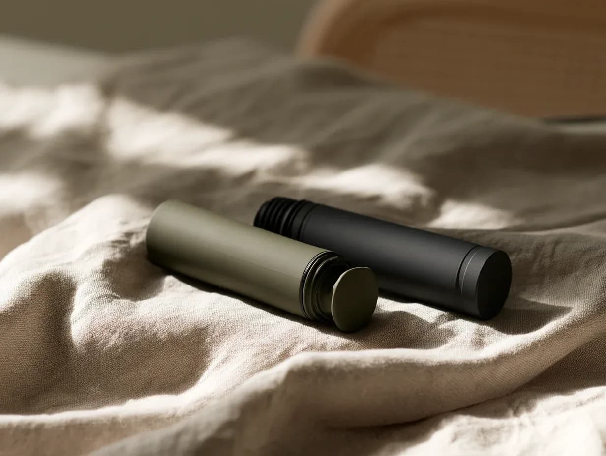 Two pre-roll tubes lying side by side, one olive with its cap off and one charcoal, showing both closures.