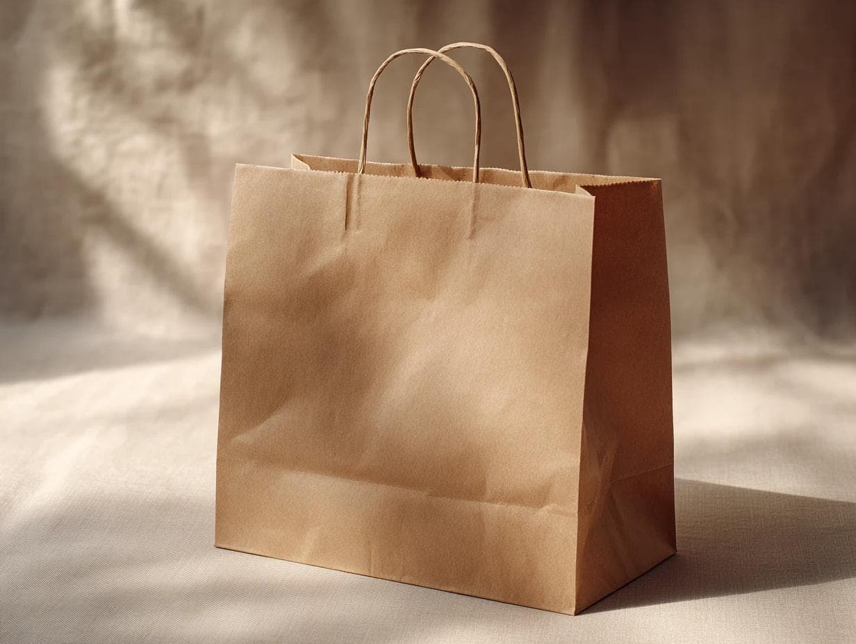 A kraft carry bag with twisted paper handles, standing in daylight.
