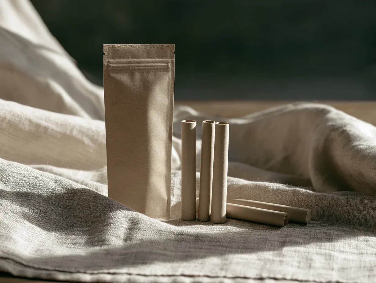 A tall kraft pouch with a press-seal top, standing beside a group of empty pre-roll tubes.