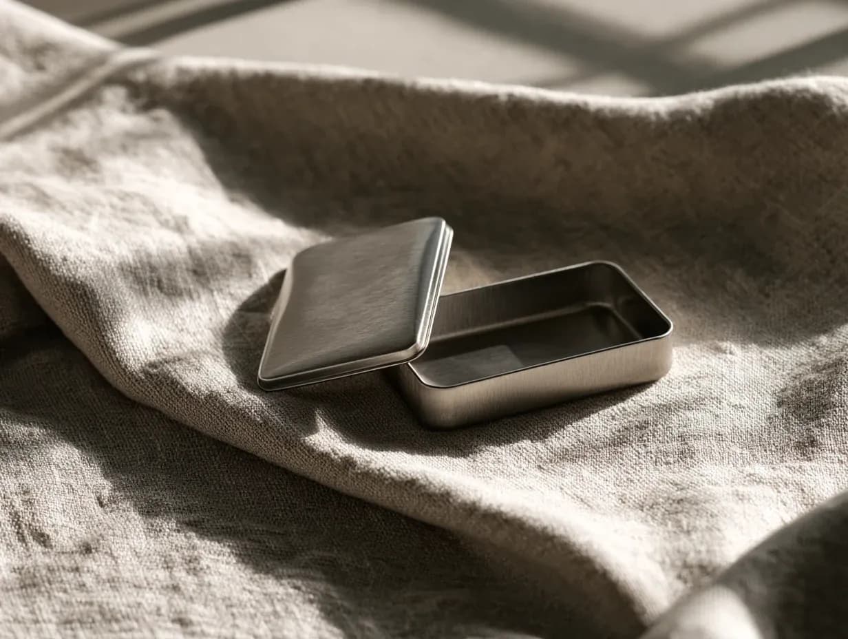 A shallow rectangular metal tin with its lid lifted off, the empty interior open to the light.